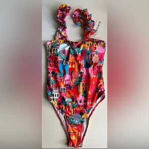 Sporlike One Piece Swimsuit Ruffle Straps Colorful New Size Small